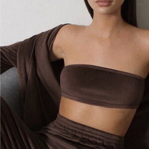 New! NWT SKIMS Brown Strapless Velour Bandeau Crop Top